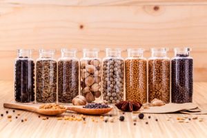 Spices in jars. Bulk aisle spices cut your grocery bill.